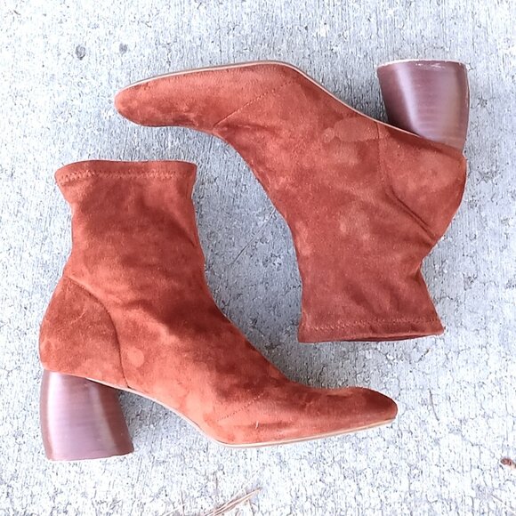 Bershka Burnt Orange Brown Faux Suede Fabric Sock Pull-On Sculpted Heel Booties - Picture 4 of 13